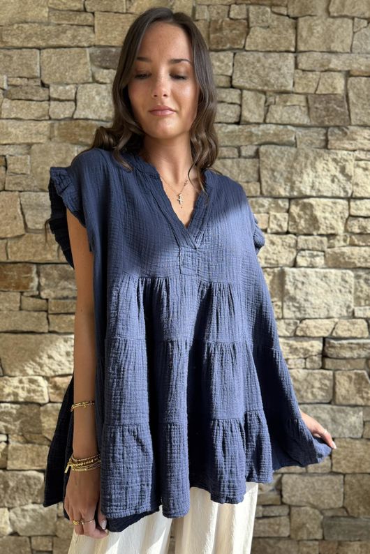 Tasha Cushion Cotton Cap Sleeve Tier Top Navy